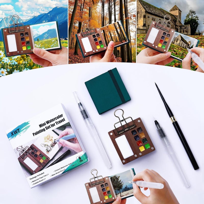 XWT Mini Watercolor Paint Set, Portable Travel Art Kit with Wooden Palette, 8 Color Pigments, Watercolor Pad, Water Brush Pens and Accessories for Artists - Image 1